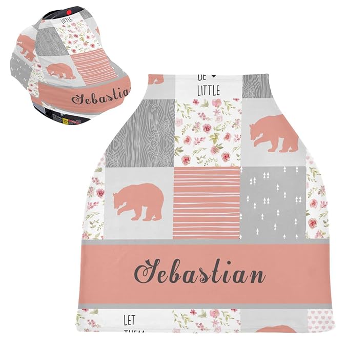 Personalized Baby Name Car Seat Covers for Girls Babies Infant - Customized Woodland Bear Nursing Cover Breastfeeding Scarf, Multiuse Carseat Cover, Infant Car Canopy