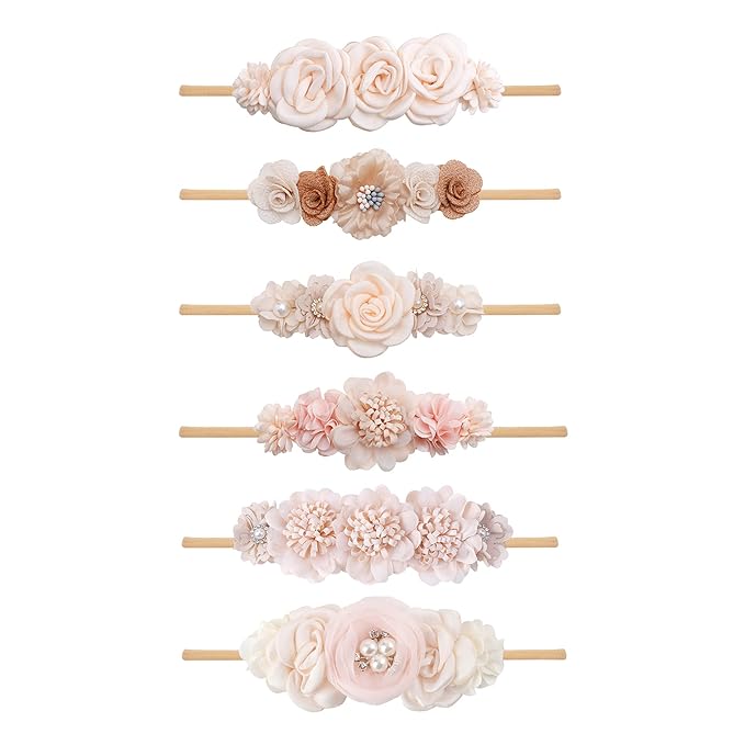 Baby Girl Flower Headband 6 PCS Elastic Hairbands Handmade Nylon Bows Headbands Chic Floral Hair Accessories Kids Gifts for Newborn Infant Toddlers