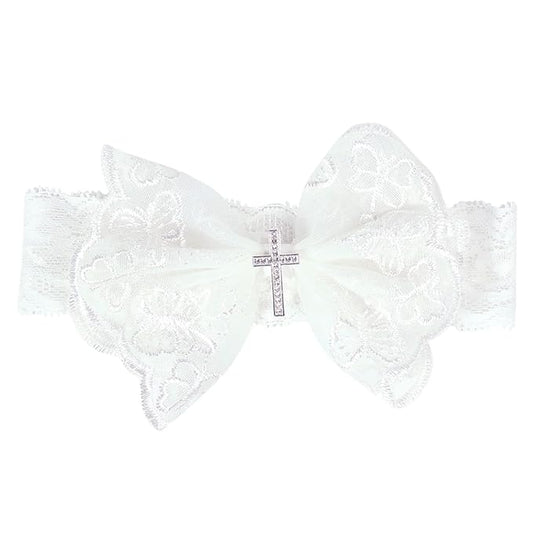 BIBABLYKE Baby Lace Bow Headband for Girls Breathable Bowknot Hair Bands Toddler Christening Party Headdress Cross Turban Hairband Lace