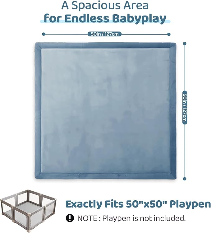 Baby Play Mat for Floor, 1.3 Inch Thick Memory Foam Tummy Time Mat with Non Slip Backing, Soft Coral Velvet 50×50 Inch Playpen Mat Crawling Tatami for Infants Toddlers Kids, Midnight Blue
