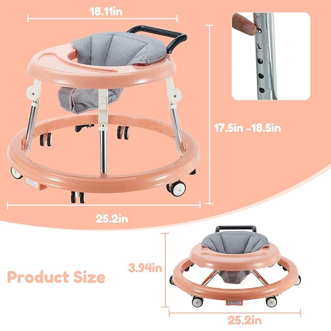 Baby Walker Foldable with 6 Adjustable Heights, Baby Walker with Wheels Portable, Infant Toddler Walker for Baby Boy Girls 6-18 Months (Pink)