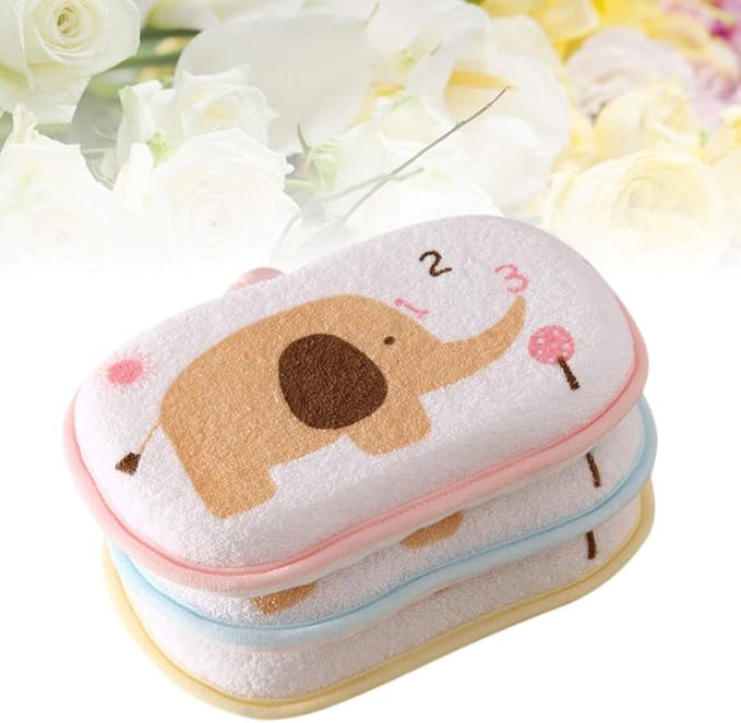 Lurrose 3PCS Baby Bath Sponge Cartoon Elephant Soft Cotton Scrubber Bath Brush Rubbing Towel for Toddler Infant (Mixed Color)