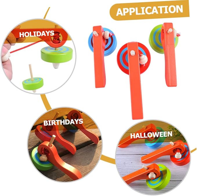 Kisangel 3-Pack Gyroscope Toys with Handle and Pull String Wire Educational Wooden Spinning Tops for Kids Toddlers Portable and Lightweight for Indoor and Outdoor Play