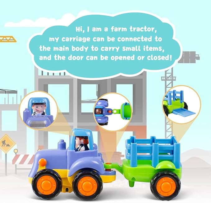 Woby Push and Go Friction Powered Car Toys Set Tractor Bulldozer Mixer Truck and Dumper for Baby Toddlers