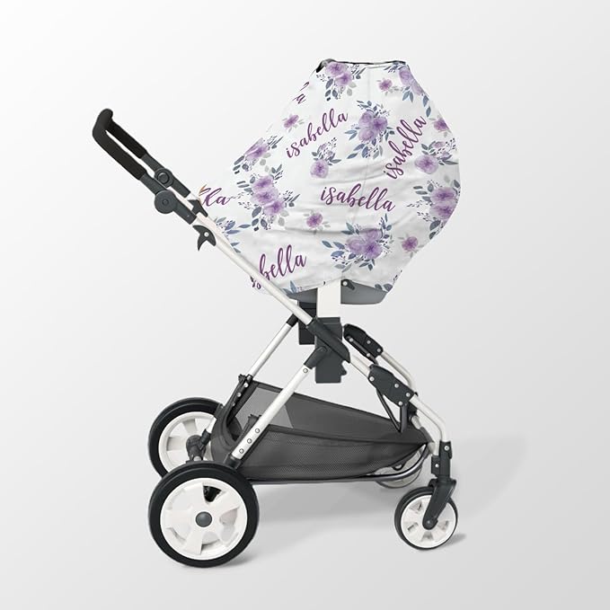 Personalized Baby Car Seat Cover Stroller Canopy: Custom Name Newborn Baby Girl Elastic Purple Flowers Nursing Cover for Moms First Birthday Gift(one Size)