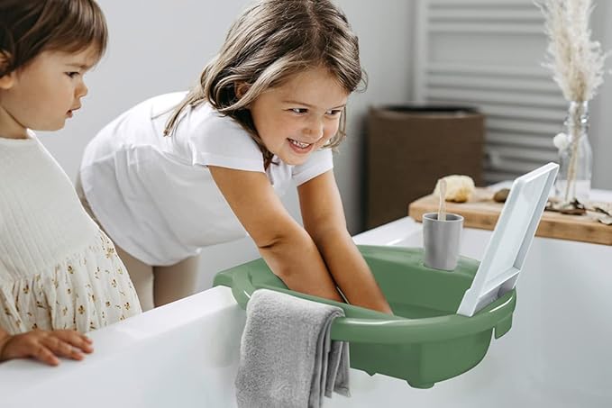 Rotho Babydesign Kiddy Wash Children's washbasin, to be Attached to The Bathtub Rim, 38.7x38.2x10 cm (Pack of 1), Slate Green/White/Stone Grey, 20034 0313 01