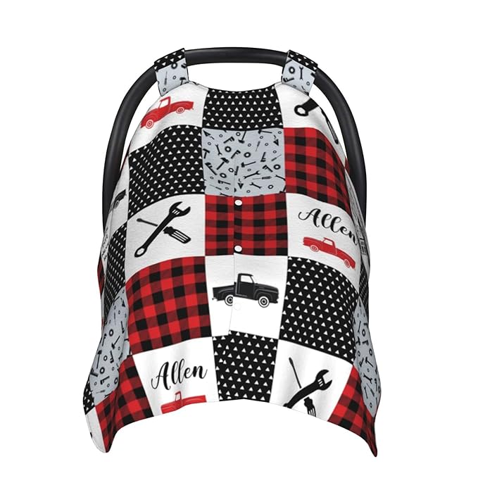 Personalized Trucks Baby Car Seat Canopy for Babies with Name, Custom Mechanic Car Seat Covers for Boys, Peekaboo Opening Minky Nursing Cover Infant Car Seat Canopies for Newborn