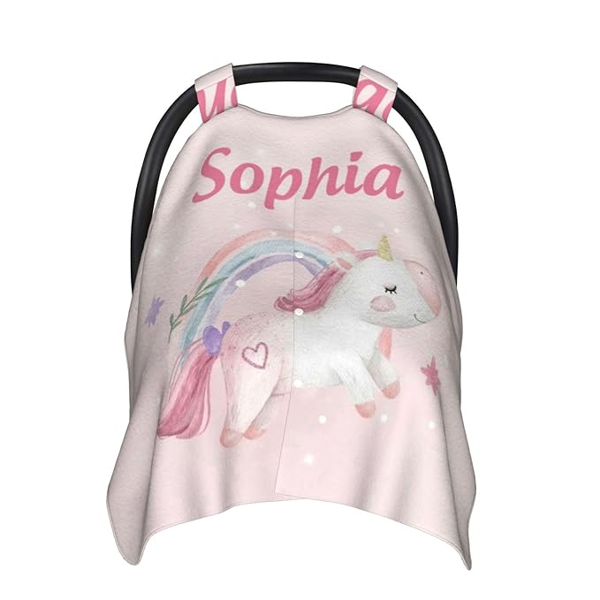 Custom Baby Car Seat Canopy with Name, Personalized Stroller Baby Car Seat Covers for Girls, Minky Nursing Carseat Cover for Breastfeeding, Car Seat Canopies for Infant Newborn(Unicorn Rainbow)