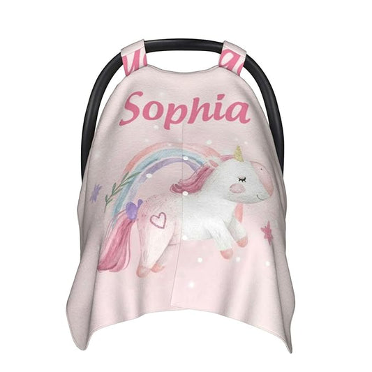 Custom Baby Car Seat Canopy with Name, Personalized Stroller Baby Car Seat Covers for Girls, Minky Nursing Carseat Cover for Breastfeeding, Car Seat Canopies for Infant Newborn(Unicorn Rainbow)