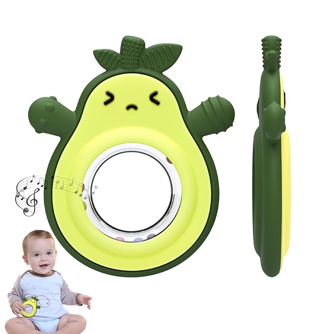 Baby Rattles Teething Toy for Babies 0-6 Months, Avocado Design BPA Free, Teething Relief for Infant 3-24 Months, Silicone Teethers Boys and Girls Sensory Toy