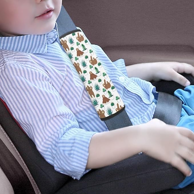 ENLACHIC Kids Car Seat Belt Cover, Cute Cartoon Animal Print Baby Car Seat Strap Pads Infant Car Seat Protector Car Accessories Universal All Cars,Sloth Cactus