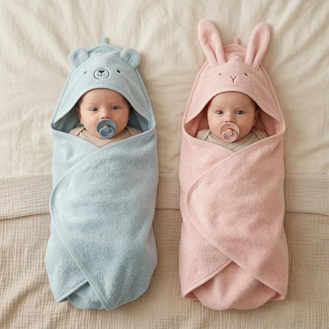 Hooded Baby Towels - 100% Organic Cotton Baby Bath Towels, 32" x 32" Super-Soft and Absorbent Baby Towels for Newborn 2-Pack (Rabbit Blush/Bear Baby Blue)