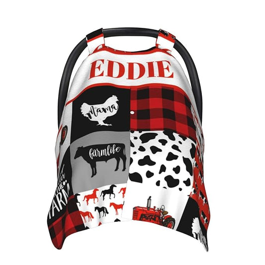 Personalized Baby Car Seat Canopy for Babies with Name, Custom Farm Life Car Seat Covers for Boys Girls, Opening Minky Nursing Breastfeeding Stroller Cover Carseat Canopies for Infant Newborn