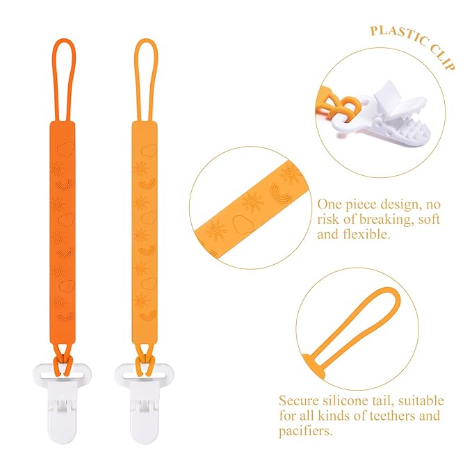 One Piece Design Silicone Pacifier Clip Holder for Baby Boys and Girls,Pack of 4 Flexible Paci Leash,Binky Clips,Newborn Essentials (Sun & Cloud & Rainbow, Yellow)