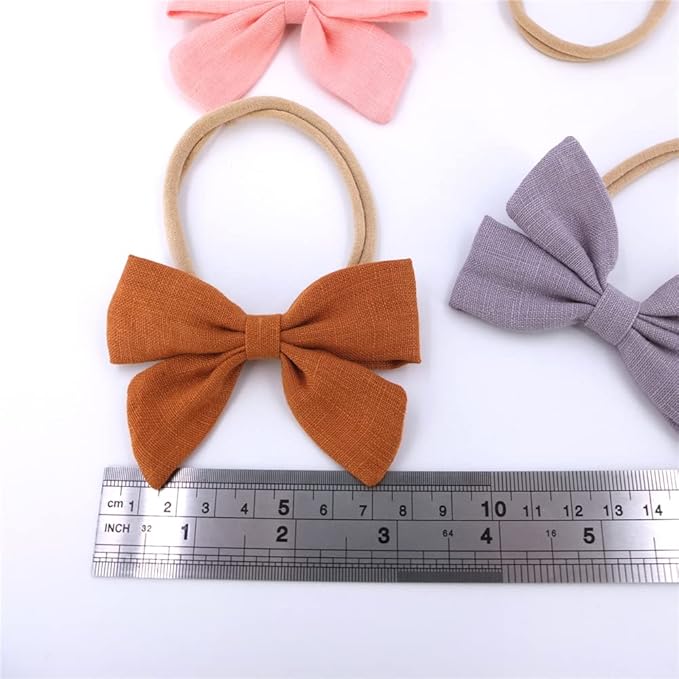 Sugarmelon Linen Bow Nylon Headband for Baby Newborn Infant Toddler Hair Bow Elastic Bands for Baby Girls Little Kids Headbands (Linen Sailor bow 3.2'')