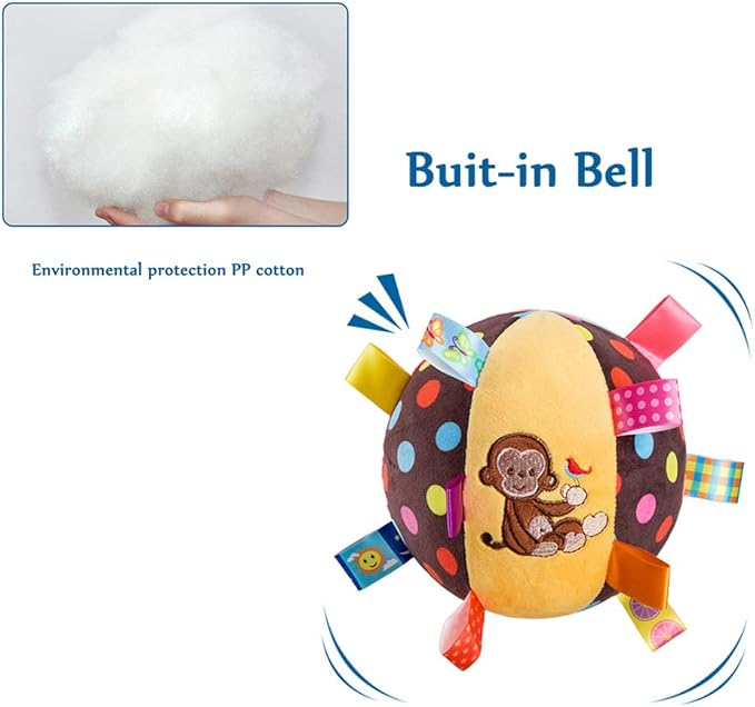 Baby Taggie Ball, Colorful Rattle Ball with Tags, Soft Plush Stuffed Animal Multi Sensory Toy for Early Educational, Ribbon Tag Toy for Baby Kids Toddlers Infants