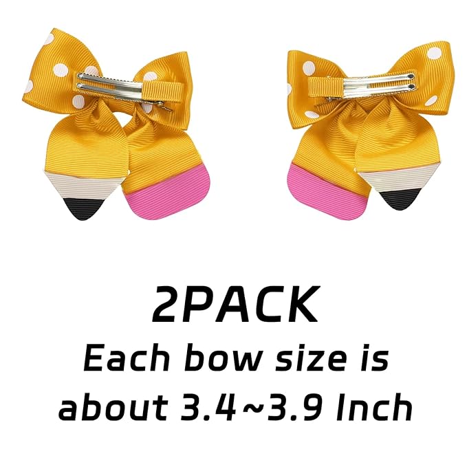YKW Yellow Polka Dot Pencil Hair Bow Clip for Girls - Cute School Themed Grosgrain Ribbon Accessory with Secure Metal Fastener - First Day Teacher Gift - 3.9 Inch