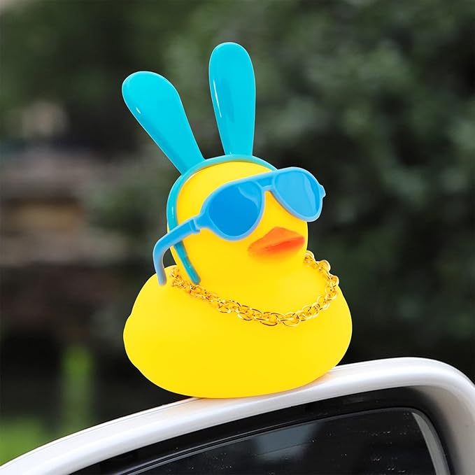 wonuu Car Duck Rubber Duck Car Ornaments Duck Car Dashboard Decorations with Cute Headband Swim Ring Necklace Sunglasses, B-Blue Long Rabbit Ear Headband