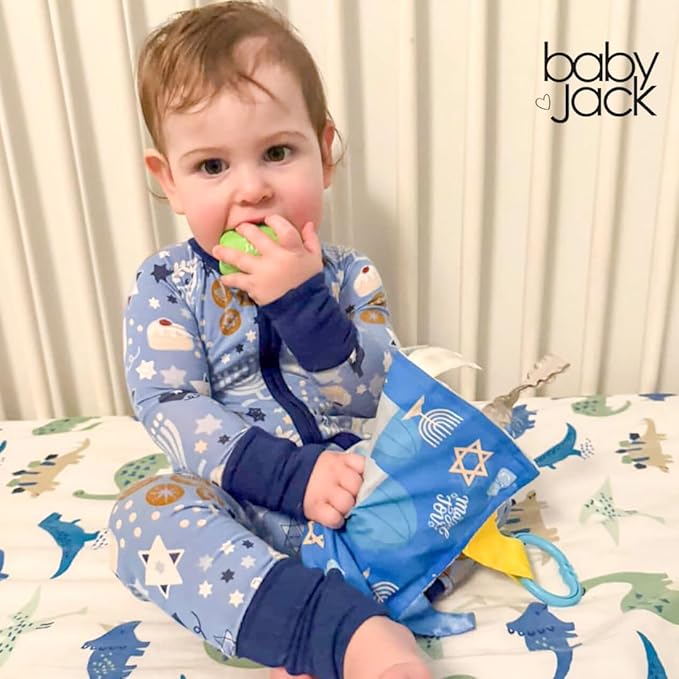 The Learning Lovey Baby Jack & Co 8x8” First Hanukkah, Passover, Shabbat, Rosh Hashanah, Yom Kippur, Sukkot, Purim.. Look & find The Star of David, Dreidel, Menorah on Crinkle Tag Toy