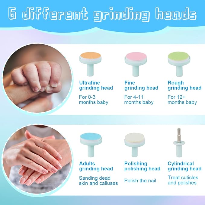 US Baby Nail Trimmer Kit Baby Electric Nail File with 6 Grinding Heads Rechargeable Safe Baby Nail File with 2 Modes Mini Portable Baby Nail Clippers for Baby Adults Nail Polish and Trim