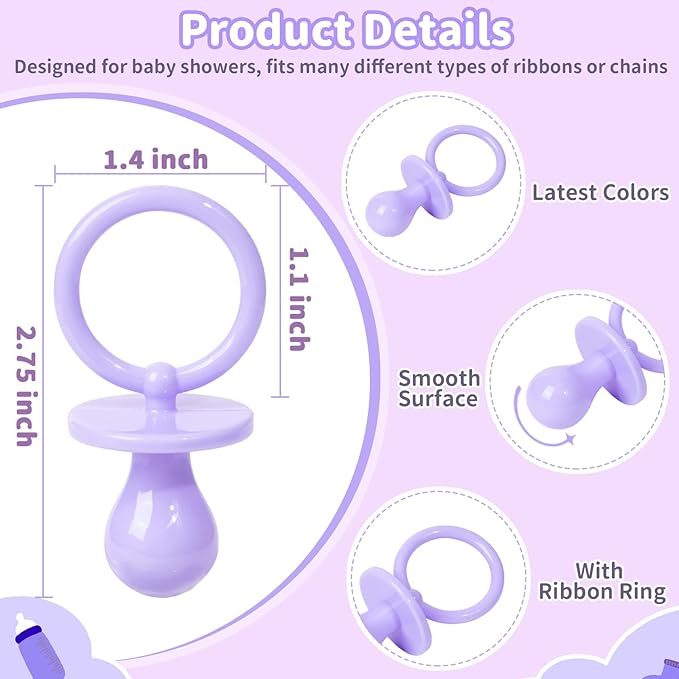 50 Pacifiers for Baby Shower Game Girl, 2.75’’ Plastic Pacifiers Baby Shower Game, Bulk Baby Shower Pacifiers for Gender Reveal Baby Shower Decoration DIY, Table Scatter, Baby Shower Favors (Purple)