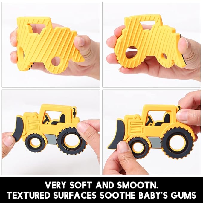 Baby Food Grade Silicone Carrier Vehicle Teether Toy with Pacifier Clip Holder,Teething Toys Gift Set for 3 Months+ Boys and Girls,Freezer Safe,BPA Free. (Bulldozer)