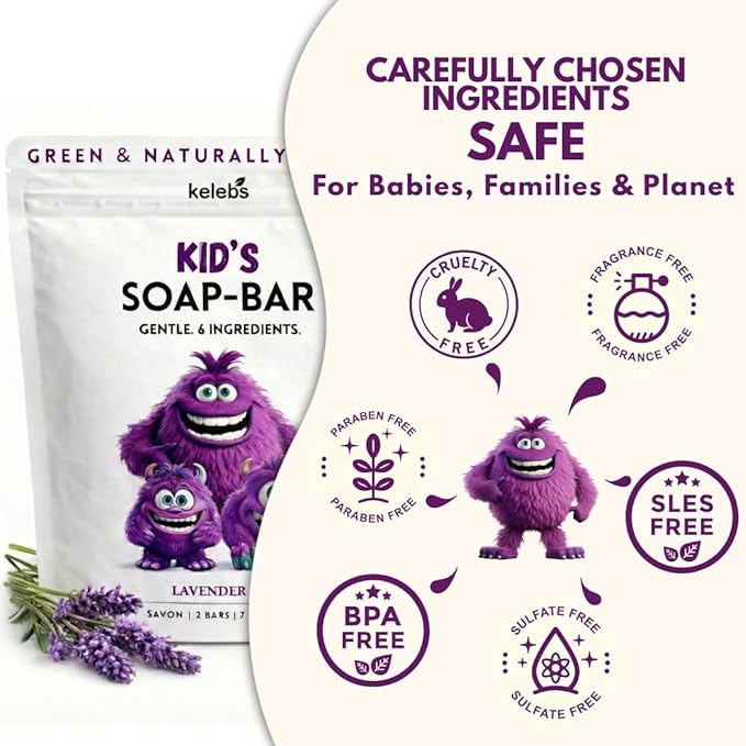 KELEBS Kids Soap Bar, Gentle Lavender Soap, Kids Body Wash Bar, Natural Bar Soap for Kids & Family, with Organic Lavender Oil, Naturally Scented, 2 Bars