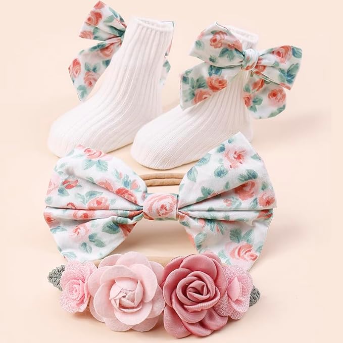 cherrboll Baby Girl Headbands and Socks Set, 3Pcs Soft Floral Hairbands Hair Bows Knit Socks for Newborn Infants Toddlers Photography Props Gifts