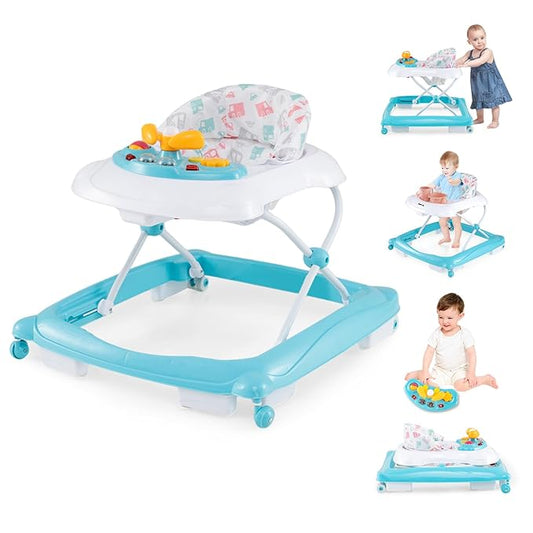BABY JOY Baby Walker, 4 in 1 Foldable Activity Walker with Adjustable Height, Music, Lights, Anti-Rollover Toddler Push Walker, Baby Walker with Wheels for Boys Girls 7-14 Months (Light Blue)