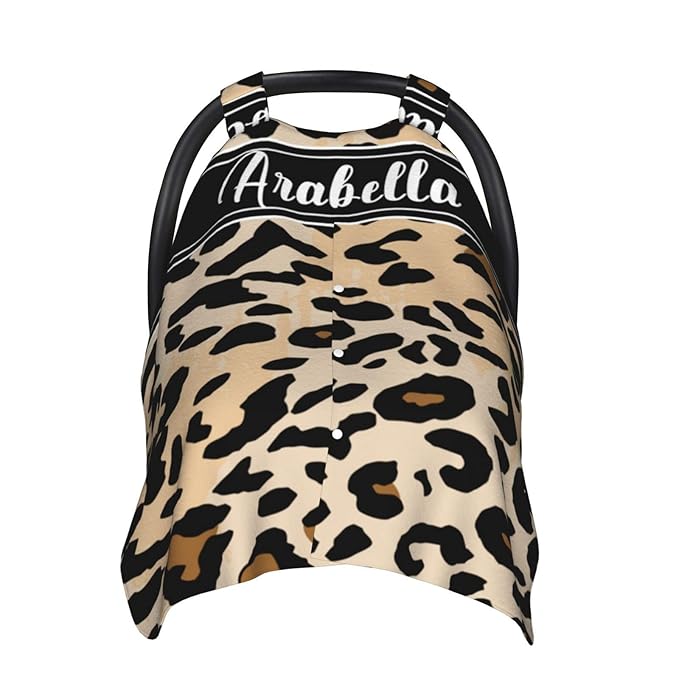 Custom Name Baby Car Seat Cover Leopard Print Theme – Personalized Nursing Cover, Stroller Canopy, Breastfeeding Privacy Cover, Multi-Use Infant Blanket, Shower Gift for Baby Boys