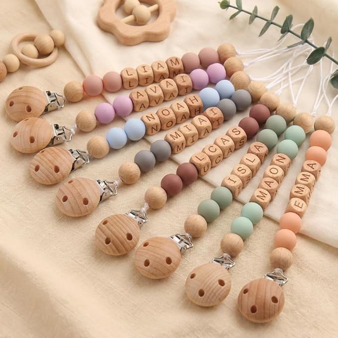 Personalized Baby Pacifier Clip with Name - Custom Wooden Letter & Silicone Beads Chain Holder for Boys Girls Newborn Gift