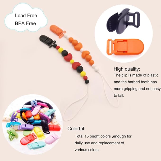 15Pcs Pacifier Clip Holder Plastic Baby Binky Clips for DIY Dummy Teether -Keep Pacifiers and Mittens Secure with Paci Clip Mix 15 Colors