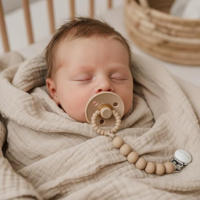 Luladream Pacifier and Clip Set - Natural Rubber Nipple - Soft Teething Handle - for Infants Baby's and Toddlers, 0-18 Months (Camel + Cream + Clips)