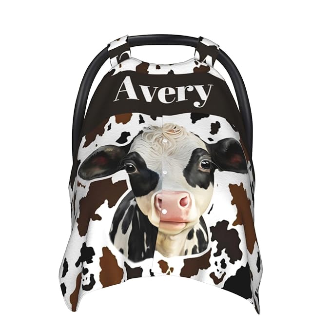 Personalized Farm Cow Baby Car Seat Canopy – Custom Name Minky Opening Nursing Cover, Breathable Infant Carseat & Stroller Cover for Newborn Boys Girls