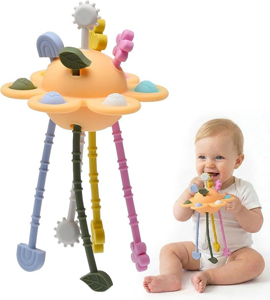 Silicone Baby Sensory Pull String Toy for 18+ Months, Montessori Toys for Toddlers, Sensory Activity Travel Toy for Airplane Car Seat Stroller, Fine Motor Skills Early Learning Gift (Yellow)