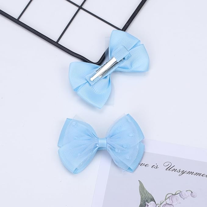 Tiny 3 Inch Dot Organza Double Hair Bow Clips - Cute Lined Boutique Alligator Hairpin for Girls, Toddlers, and Little Teens - Kids Barrettes Set of 2 Small Stylish (Light Blue)