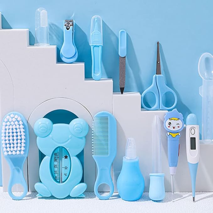 Baby Healthcare and Grooming Kit Baby Nasal Aspirator Nail Clipper Hairbrush Set Newborn Daily Cleaning Care Kit 13 PCS/Set, B, Blue, Nursery Care Health and Grooming kit