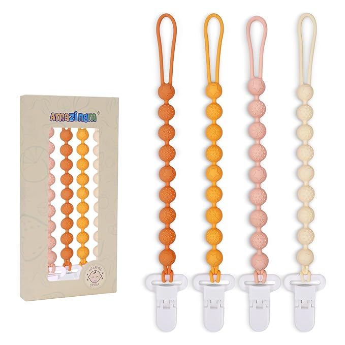 4 Pcs Brown Baby Silicone Teething Pacifier Clip,One-piece Design,Round Shape,Textured Surface,BPA Free.