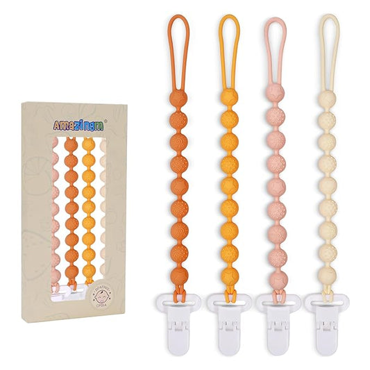 4 Pcs Brown Baby Silicone Teething Pacifier Clip,One-piece Design,Round Shape,Textured Surface,BPA Free.
