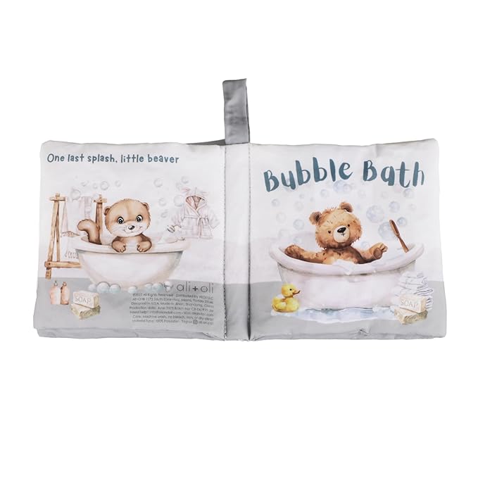 Ali+Oli Baby Cloth Book – Soft Sensory Crinkle Book with Teether for Infants 0-12 Months – Early Learning Touch & Feel Tummy Time Toy – Newborn Shower Gift for Boys & Girls - Bubble Bath