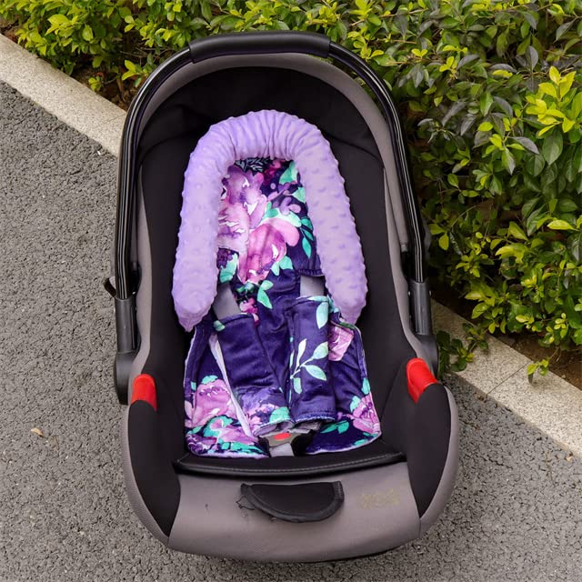 Baby Car Seat Head Support for Girls, Infant Carseat Insert Super Soft Fleece Newborn Headrest Seatbelt Covers for Car Seat, Stroller, Bouncer, Purple Flower