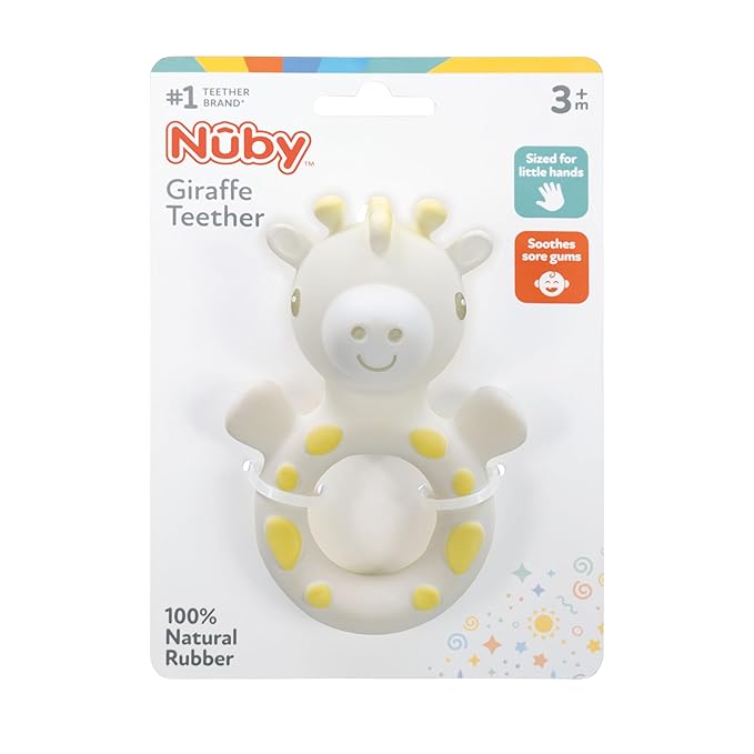 Nuby Giraffe Teether for Infants - 100% Natural Rubber Baby Teething Toy - Easter Basket Stuffer - Easy-Grip and Multi-Textured Surfaces - 3+ Months