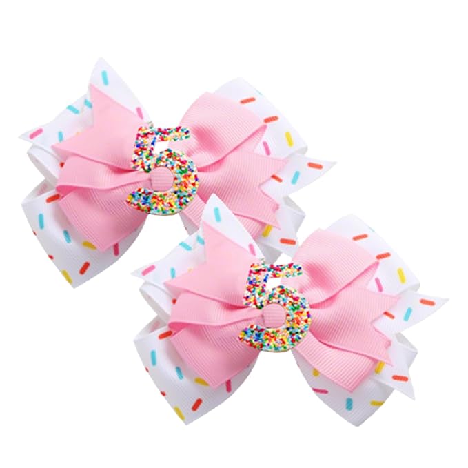 2 Pack 5th Birthday Hair Bow for Girls, Pink Hair Clip Hair Accessories for Girls 1 2 3 4 5 6 Years Birthday Confetti Ice Cream Party Supplies Decorations