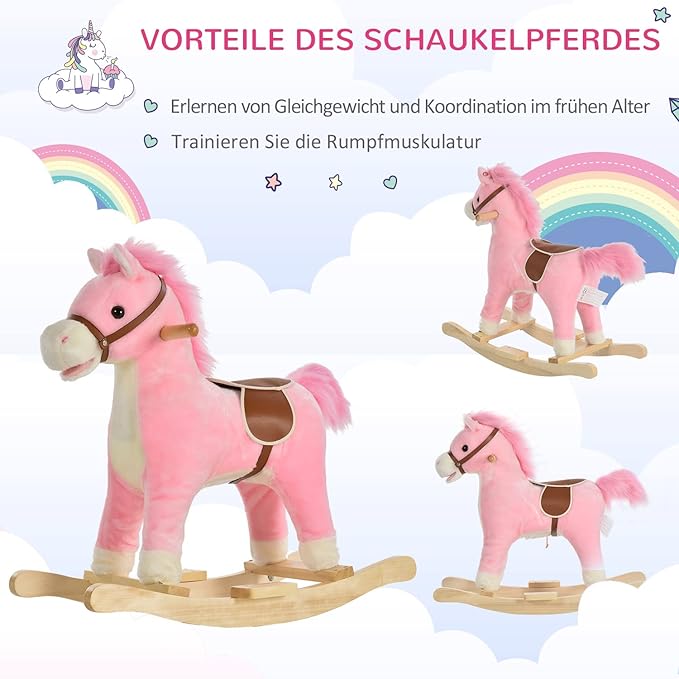 HOMCOM Children's Rocking Horse Baby Rocking Animal Horse with Animal Sounds Toy Handles for 36-72 Months Plush Pink 65 x 32.5 x 61 cm