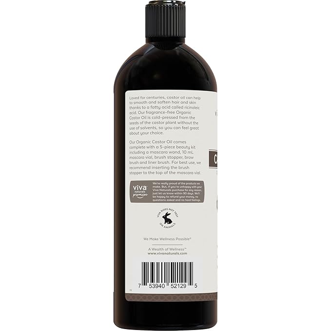 Viva Naturals Organic Castor Oil,Cold-Pressed,16 fl oz – For Face,Hair,Eyelashes,USDA Organic,Non-GMO - With Beauty Kit,(Pack of 2)