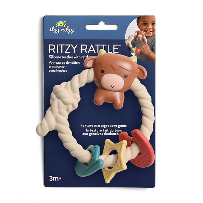 Itzy Ritzy Silicone Teether with Rattle – Rattle Teether Features Rattle Sound, Three Silicone Teething Rings and Raised Texture to Soothe Gums – Ages 3 Months and Up (Highland Cow)