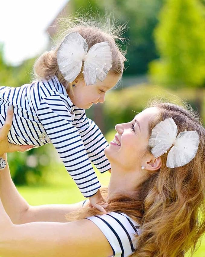 4PCS Ivory Tulle Hair Bows for Toddler Girls Cute Pearls Hair Clips Sweet Flower Girl Hair Accessories for First Communion Party Daily Wearing