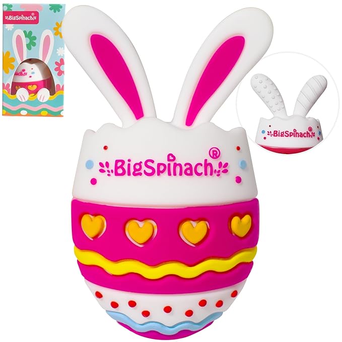 BIGSPINACH Easter Egg Baby Teether,Baby Teething Toy for Pain Relief,Silicone Bunny Rabbit Teether,Easter Gift for Babies,Sensory Toy for Boys & Girl (Rose Pink)
