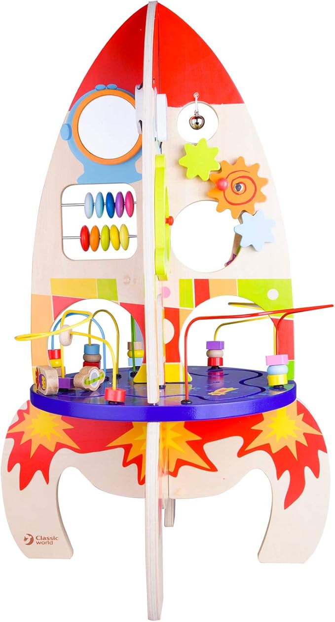Classic World Wood Multi Activity Rocket Educational Toy for Toddlers with Bead Coaster Gear Game and Baby-Safe Mirror Eco-Friendly Wooden Activity Set Ideal for Ages 18 Months and Up