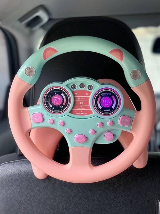 Simulated Driving Controller Portable Simulated Steering Wheel Copilot Toy Children's Small Steering Toy Gift Funny Interactive Driving Wheel with Music. (Pink)
